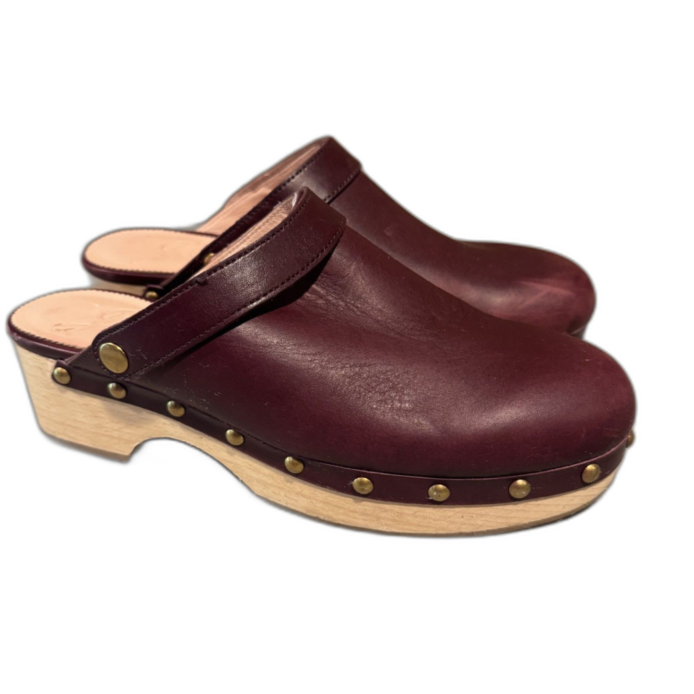J.Crew Convertible Leather Clogs Burgundy Wood Studded Slingback Women sz 9.5